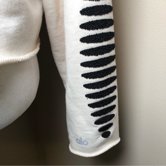 ALO Yoga Cream Cropped Hoodie w/Black Beading,Size-Medium,GUC - Picture 7 of 7